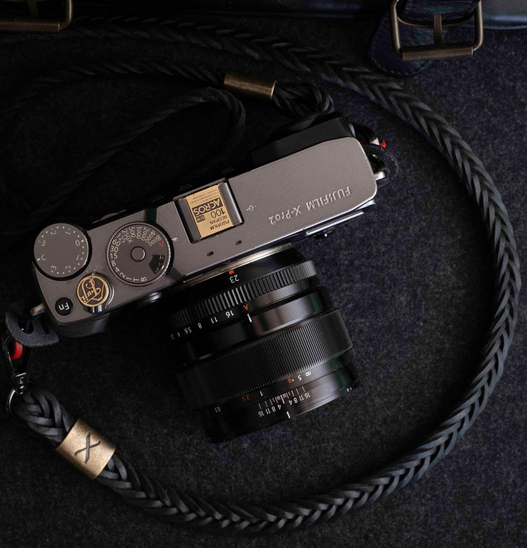 Bronze X Flat Braided Leather Camera Strap Black 15mm - Hyperion Handmade Camera Straps